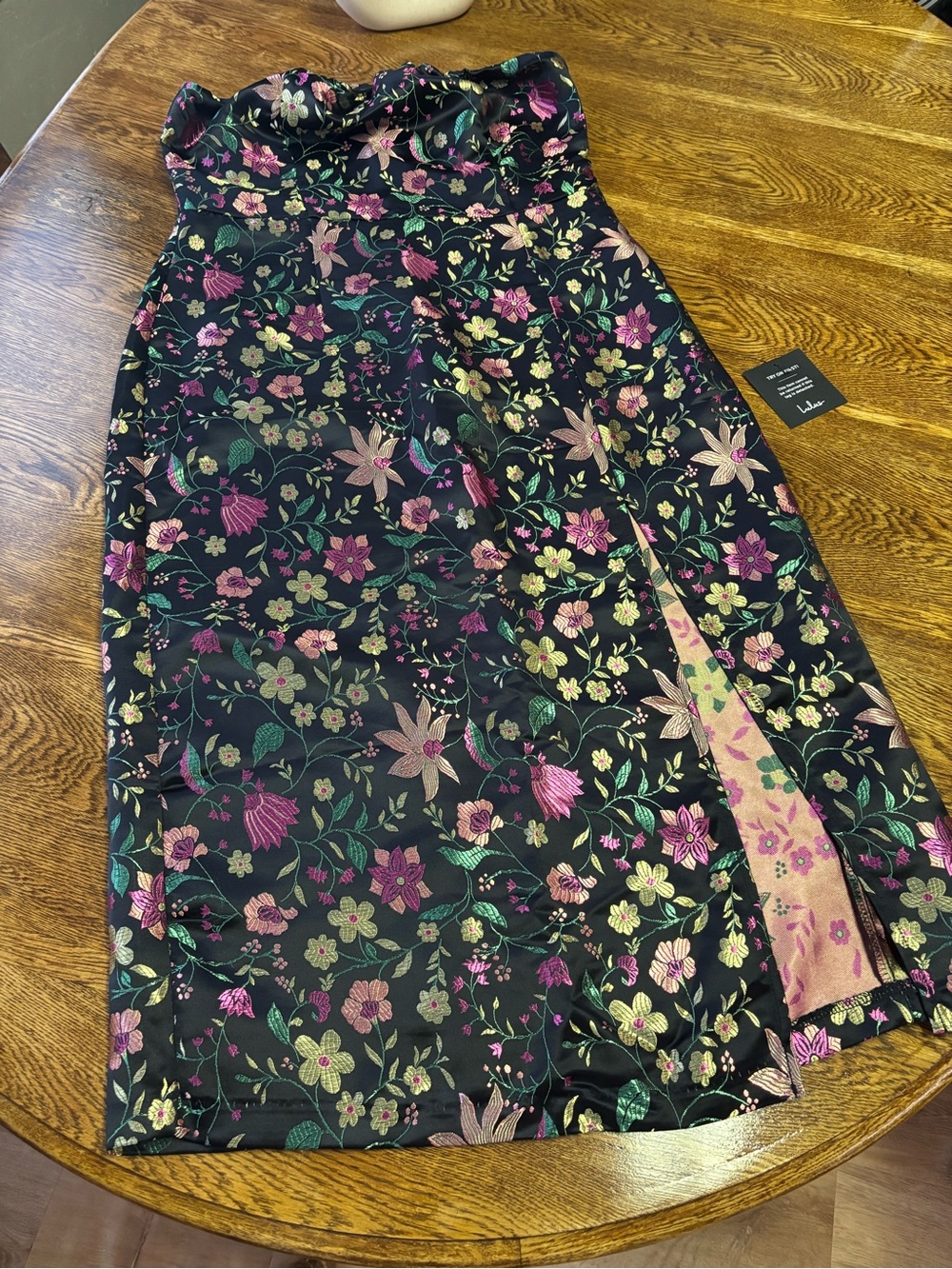 Lulu's Black Floral Jacquard Wrap Midi Skirt with Pink & Green Flowers